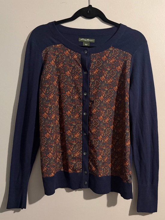 Eddie Bauer Sweaters - Eddie Bauer Navy Cardigan with Rust Paisley Button Front Casual Preppy Sweater